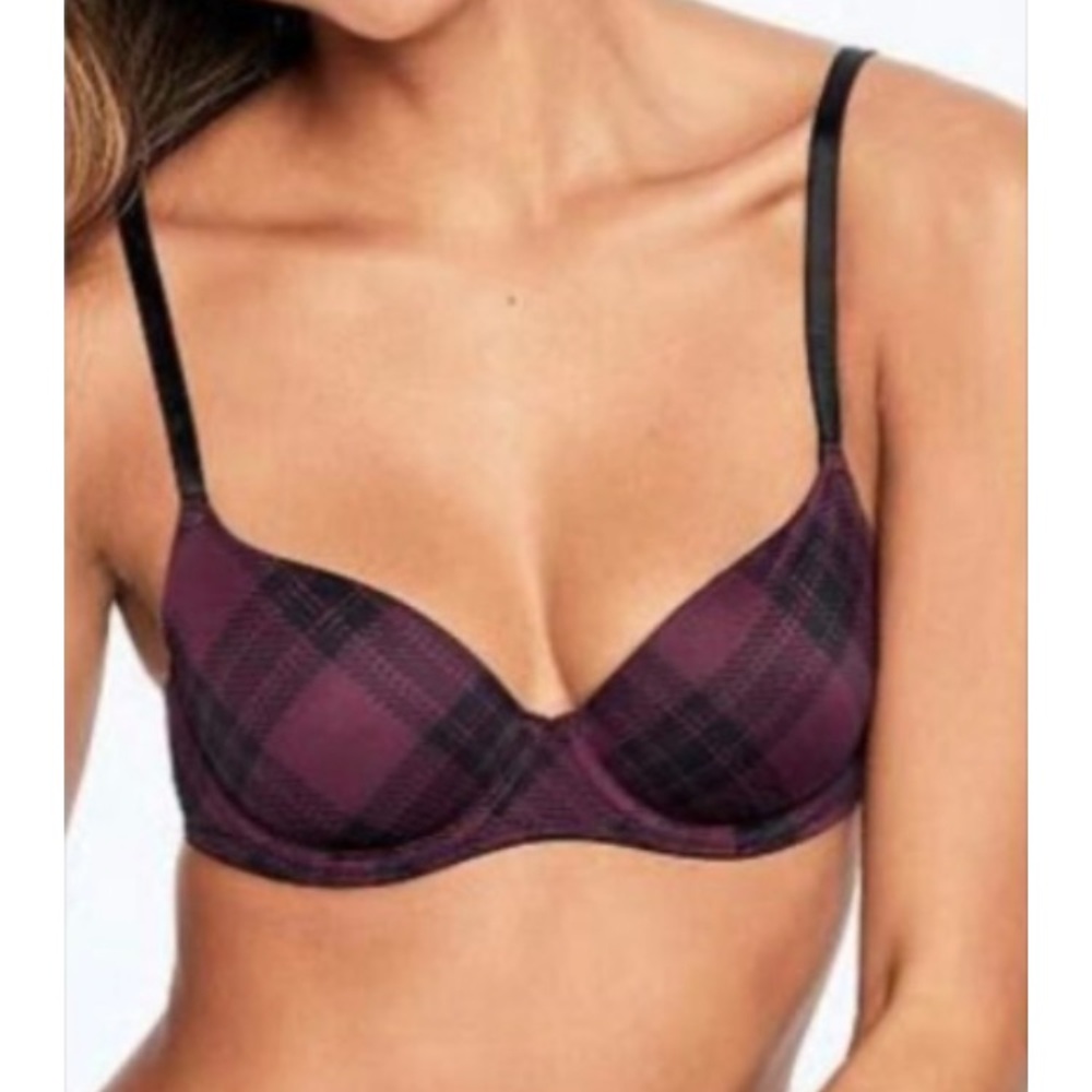 PINK Victoria's Secret 3 Bras Burgundy & Black Plaid,White w Black Star & Gray - Picture 15 of 16